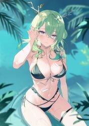 1girls bikini branch_horns ceres_fauna cleavage female green_bikini green_hair highres hololive hololive_english in_water jiang_ye_kiri large_breasts navel sitting_in_water solo stomach thigh_strap thighs tummy virtual_youtuber vtuber wet_body