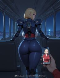 1girl ai_generated ass bangs beth_smith blonde_hair blue_bodysuit blue_eyes bodysuit breasts cellphone cellphone_picture curvy from_behind holding holding_phone huge_breasts large_breasts looking_at_viewer looking_back mature_female moon night nyx_x phone pov red_shirt rick_and_morty sensitive shirt short_hair skin_tight sky smartphone solo_focus thighs window