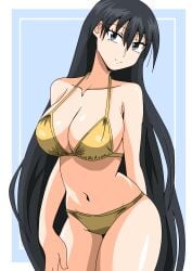 1girls artist_request azumanga_daiou bikini black_eyes black_hair cleavage gold_bikini golden_week huge_breasts long_hair sakaki voluptuous