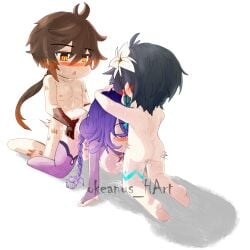1girl 2boys blowjob_while_penetrated blush chibi chibi_style doggy_style female flower_in_hair from_behind genshin_impact giving_head hand_on_head long_hair male male/female on_all_fours oral oral_while_penetrated penetration_from_behind purple_hair raiden_shogun sex thighhighs threesome venti_(genshin_impact) zhongli_(genshin_impact)