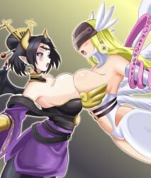 2026 2girls angel angel_girl angel_wings angewomon artist_request bandai_namco big_breasts black_hair blonde_hair blush breast_press breasts_to_breasts cleavage demon_girl demon_horns digimon earrings female female_only forehead_mark fusion hair_ornament helmet horns light-skinned_female lilithmon long_hair open_mouth pointy_ears potara_earrings purple_eyeshadow purple_lipstick seven_great_demon_lords tied_hair very_high_resolution wings