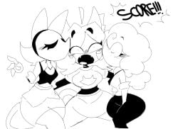 2d 2d_artwork 3girls big_ass big_breasts cable_tail cat_ears cat_tail catgirl deltarune deltarune_chapter_2 deltarune_chapter_3 deltarune_chapter_5 elnina_(deltarune) female female_only kissing monochrome pink_(deltarune) simple_background tagme tasque_manager_(deltarune) tasque_manager_(gala_dress)_(deltarune) text thick_thighs tomfooleryarts trans_woman transfem undertale_(series) white_background yuri