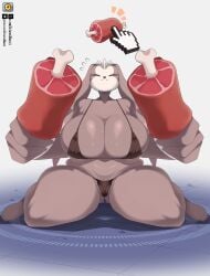 1girls 2026 absurd_res anthro antylamon artist_logo bandai_namco big_hands big_thighs bikini black_bikini breast_expansion brown_body closed_eyes dclaret digimon digimon_(species) female female_only floppy_ears food horns huge_breasts lagomorph large_breasts meat pork_chop sitting solo thick_thighs white_background