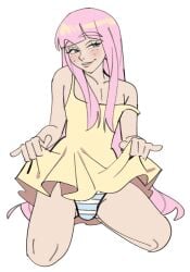 1boy 1femboy 2026 bulge bulge_under_clothes digital_media_(artwork) dress dress_lift femboy femboy_only freckles green_eyes kneeling lifting_dress lifting_skirt long_hair lyssahh male male_only no_visible_genitalia original original_character pink_hair revealing_penis smug smug_face solo solo_femboy solo_male strap_slip white_background