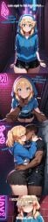 1boy ai_generated alley black_shorts blonde_hair blue_eyes blue_hoodie blush bridget chin_grab comic dark-skinned_male dark_skin femboy groping guilty_gear hi_res interracial kissing looking_at_viewer multiple_panels neon night outdoor pov sfw short_hair teaser watermark xland