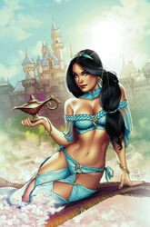 1girls aladdin bandeau bikini bikini_bottom bikini_top black_hair breasts cleavage detached_collar disney disney_princess earrings elias_chatzoudis female female_only fully_clothed hair_over_shoulder harem_outfit long_hair magic_carpet magic_lamp ponytail princess_jasmine public_domain side-tie_bikini sleeveless solo solo_female very_long_hair