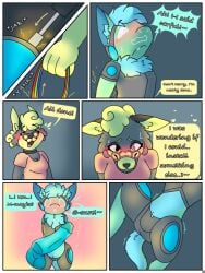 3:4 anthro bedroom_eyes black_nails blonde_hair blue_body blue_dildo blue_fur blue_hair blue_lights blue_penis blush blush_lines bodily_fluids bulge canid canine caught_off_guard cheek_tuft clothing colored_nails comic comic_panel curly_hair dialogue dildo dominant dominant_female duo ear_tuft english_text erection eyewear facial_tuft female fennec_fox fluffy fluffy_tail flustered fox fur genitals glasses green_body green_fur green_visor grey_background grey_body grey_fur hair hair_bun happy heart_symbol long_tail lying machine male male/female mammal mechanic metal nails narrowed_eyes neck_tuft nervous nervous_look nervous_smile nervous_sweat on_back penis pink_background pink_clothing pink_eyewear pink_glasses pink_shirt pink_topwear protogen pulling_wires round_glasses sammywhich scientist screwdriver seductive sex_toy shake shake_lines shirt short_hair simple_background smile sparkles sparks spread_legs spreading submissive submissive_male sweat sweatdrop tail text tools topwear true_fox tuft wearing_glasses wire wire_play yellow_body yellow_fur
