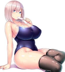 1girls big_breasts blue_eyes breasts cleavage eating erect_nipples female female_only food hairclip hamakaze_(kantai_collection) hips huge_breasts ice_cream kantai_collection large_breasts navel popsicle school_swimsuit sexually_suggestive short_hair silver_hair skin_tight solo sweat swimsuit thick_thighs thighhighs thighs tsukumiya_amane voluptuous white_background wide_hips