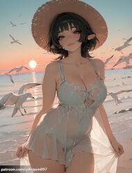 1girl ai_generated animal_ears arlequin097 bare_shoulders beach bird black_eyes black_hair blush breasts cleavage closed_mouth collarbone cowboy_shot dress earrings evening flock gradient_sky hat horizon jane_doe_(zenless_zone_zero) jewelry large_breasts lips looking_at_viewer medium_hair ocean orange_sky outdoors panties seagull see-through see-through_dress shore short_hair sky smile solo straw_hat sun sun_hat sundress sunset thighs underwear water wet wet_clothes wet_dress white_bird white_dress zenless_zone_zero
