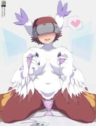 <3 1girls 2026 absurd_res arm_feathers bandai_namco big_breasts bikini bikini_bottom bikini_top_removed bird_feet blush brown_hair claws dclaret digimon digimon_(species) feathers female female_only fur hands_over_breasts open_mouth red_fur sharp_claws silphymon sitting solo spoken_heart thick_thighs topless white_fur