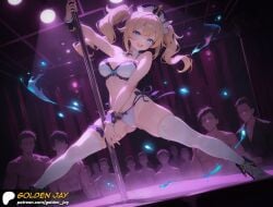 ai_generated barbara_(genshin_impact) big_ass big_breasts blonde_hair blue_eyes bra comic english_text genshin_impact high_heels lingerie lingerie_only long_hair nightclub panties parody pole pole_dancing seductive stripclub stripper stripper_pole text thighhighs