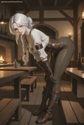 1girl ai_generated belt bent_over boots braid breasts brown_footwear ciri gloves hi_res high_heel_boots high_heels high_quality high_resolution indoors knee_boots leaning_forward long_hair looking_at_viewer pants patreon seductive sexy silver_hair solo stool the_witcher_(series) uncensored watermark