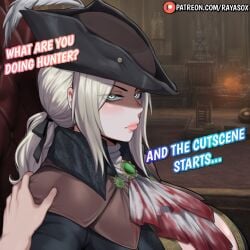 1boy 1girl 1other 2026 2d absurd_res absurd_resolution absurdres ai_generated ascot blonde_hair blood blood_on_clothes bloodborne blue_eyes breasts coat comic english_text fromsoftware gem hair_ribbon hat hat_feather hi_res high_quality high_resolution highres hunter_(bloodborne) image indoors jewelry lady_maria_of_the_astral_clocktower large_breasts long_hair looking_at_viewer patreon patreon_logo patreon_username ponytail rayasox ribbon solo_focus sony_corporation sony_interactive_entertainment tricorne uncensured watermark white_hair