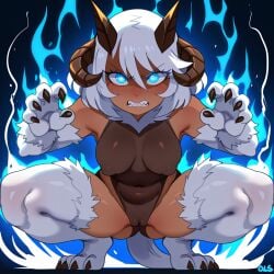 1girl 1girls 4_horns ai ai_generated angry animal_arms animal_feet animal_hands animal_legs animal_tail black_nails blue_eyes breasts cameltoe choker clenched_teeth covered_nipples dragon_girl flame glowing_eyes glowing_pupils hybrid indie_virtual_youtuber joyeusevt large_breasts leotard nipples_visible_through_clothing pussy_visible_through_clothes serious sharp_teeth squatting virtual_youtuber vtuber