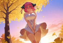 1girl 1girls ai_generated autumn autumn_leaves balecxi bangs bare_arms bare_shoulders between_legs between_thighs black_ribbon blue_eyes blunt_bangs blush breasts butterfly_hair_ornament closed_mouth clothing collarbone covering_crotch covering_privates curvaceous curvaceous_female curvaceous_figure curvy curvy_figure day dress dress_lift dress_tug dutch_angle embarrassed evening falling_leaves female female_focus from_below full-face_blush ginkgo_leaf go-toubun_no_hanayome gradient_sky hair_ornament hair_ribbon hand_between_legs inviting inviting_to_sex large_breasts leaf looking_at_viewer looking_down medium_hair nakano_nino nose_blush outdoors pink_hair pink_sky presenting presenting_ass presenting_breasts presenting_hindquarters presenting_self raised_eyebrows ribbon seductive seductive_look seductive_smile short_hair sky sleeveless sleeveless_dress solo standing sundress sunset the_quintessential_quintuplets thick_thighs thighs tree two_side_up v_arms voluptuous voluptuous_female white_dress wind wind_lift