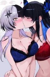 2girls absurd_res big_breasts blushing cleavage female_only hololive hololive_english kiss kiss_on_lips kissing lipstick_mark lipstick_mark_on_breast meeko_illus navel nerissa_ravencroft shiori_novella tummy two-tone_hair underwear underwear_only virtual_youtuber vtuber yuri