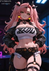 1girl ai_generated asymmetrical_legwear bangs bare_shoulders belt black_choker black_jacket black_legwear black_ribbon black_shorts black_thighhighs breasts character_name choker cleavage clothing clothing_cutout cowboy_shot crop_top cropped_jacket cutoffs earrings female green_eyes grey_eyes grin hair_ornament hair_ribbon hairclip hands_on_own_hips heart_earrings jacket jewelry large_breasts legwear long_hair long_sleeves looking_at_viewer micro_shorts midriff mole mole_on_breast mole_on_thigh mole_under_eye navel nicole_demara o-ring open_clothes open_fly open_jacket pink_hair ribbon short_shorts shorts shoulder_cutout single_thighhigh skindentation smile solo standing stomach strapless thigh_strap thighhighs thighs torn_clothes torn_thighhighs tube_top two_side_up vantawaifu very_long_hair zenless_zone_zero