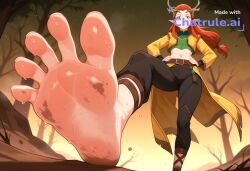 1girl ai_assisted ai_generated antlers barefeet belt big_feet black_pants brown_hair dark_skin dirty_feet elf freckles from_below full_body green_eyes hair_ornament hands_on_hips jewelry keyleth light_skin light_skinned_female long_hair long_sleeves long_toes looking_at_viewer navel pointy_ears presenting_foot red_hair sole_focus standing standing_on_one_leg stinky_feet sweaty_feet twintails yellow_jacket