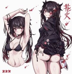 1girl armpits arms_up ass bare_shoulders big_ass bikini black_bikini black_hair black_jacket black_nails black_ribbon bottomless breasts bubble_butt commentary english_commentary female female_focus female_only glowing_eyes hair_ribbon half-dressed highres honkai:_star_rail honkai_(series) huge_ass jacket long_hair long_sleeves looking_at_viewer looking_back mask medium_breasts multiple_views nail_polish navel petite petite_body petite_female posing red_eyes ribbon round_ass simple_background smile solo sparkle_(honkai:_star_rail) spikes stomach swimsuit teasing twintails usa_(usagi_minku) very_long_hair viewed_from_behind white_background