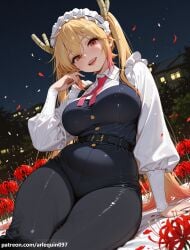 1girl ai_generated arlequin097 belt black_nails blonde_hair breasts dragon_girl dragon_horns dress falling_petals flower gradient_hair horns kobayashi-san_chi_no_maidragon large_breasts long_hair long_sleeves looking_at_viewer maid maid_headdress multicolored_hair necktie night open_mouth orange_eyes outdoors petals red_eyes red_flower red_necktie shirt sitting slit_pupils smile solo spider_lily tohru_(dragon_maid) tohru_(maidragon) twintails