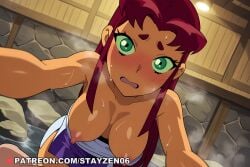 1boy 1girl ai ai_art ai_generated all_fours bare_shoulders blush breasts colored_sclera dark-skinned_female dark_skin dutch_angle green_eyes green_sclera hanging_breasts indoors large_breasts long_hair looking_at_viewer medium_breasts mixed-sex_bathing naked_towel nipples onsen open_mouth orange_skin pov red_hair rock shared_bathing short_eyebrows solo_focus starfire_(dc) steam sweat teen_titans thick_eyebrows towel water wet yellow_sclera
