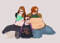 2females1male 2girls1boy big_breasts big_thighs big_tits bite_mark boobs breast_sucking breastfeeding breasts breasts_out chubby_belly chubby_female fmf ginger milking nipple_piercing nipple_sucking nipples postal_(series) postal_doe postal_dude redhead_female redhead_male redheaded_female skinny_female small_breasts