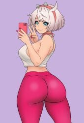 1girl ahoge alternate_costume aqua_eyes ass bare_shoulders blush bojack198 breasts cellphone collar elphelt_valentine from_behind guilty_gear guilty_gear_strive guilty_gear_xrd huge_ass large_breasts looking_at_viewer looking_back pants phone selfie short_hair sideboob smile solo strapless tube_top v white_hair