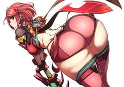 1girls ass back bodysuit breasts cowboy_shot dat_ass female female_focus female_only from_behind hips holding holding_weapon huge_ass huge_breasts jewelry large_breasts looking_at_viewer looking_back matching_hair/eyes nintendo nuezou pyra pyra_(xenoblade) red_eyes red_hair short_hair simple_background smile solo sword thick_thighs thighhighs thighs v_arms weapon white_background wide_hips xenoblade_(series) xenoblade_chronicles_2