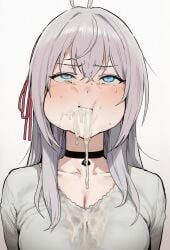 after_fellatio ahoge ai_generated alisa_mikhailovna_kujou blush breasts choker cleavage cum cum_drip cum_in_mouth hair_ornament long_hair puffed_cheeks queen_of_spades rolling_eyes spade_choker stained_clothes tokidoki_bosotto_russian_de_dereru_tonari_no_alya-san white_hair