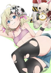 1girls 2015 ass blonde_hair blue_eyes borderlands borderlands_2 clothed dated female female_only flat_chest hair_ribbon mask shorts small_breasts smile solo solo_female stormcow text thighhighs tiny_tina true_flat_chest v watermark wide_hips young