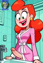 1girls ai_generated bathrobe bathroom cartoon_network erection futanari gladys_(billy_and_mandy) looking_at_penis looking_down milf morning_wood nerdyminerva open_mouth orange_hair penis penis_out red_hair robe smile solo the_grim_adventures_of_billy_and_mandy
