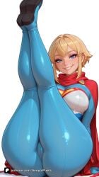 1girl ai_generated artist_name ass bangs blonde_hair blue_bodysuit blue_eyes bodysuit boots breasts cameltoe cape chris_kent dc dc_comics grin jon-al kara_zor-el karen_starr large_breasts legs_up lips looking_at_viewer makeup patreon power_girl questionable red_cape senpai_pixels sensitive shiny shiny_clothes short_hair simple_background sitting skin_tight smile solo supergirl superhero superman_(series) thick_thighs thighs white_background