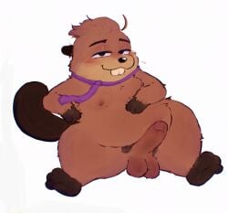 2026 3_toes accessory balls beaver biped blush disney erection feet foreskin freakpaws genitals hi_res hoppers_(pixar) jerry_generazzo male mammal necktie nipples overweight overweight_male penis pixar rodent simple_background sitting solo toes white_background