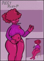 1female belly_bulge belly_expansion bottomless choking_on_object comic_page comic_panel comic_strip ebony_female female_focus female_only food_fetish fruit fruit_humanoid hair_over_eyes incredibox_oc non-sexual object_swallowing oc raspberry red_hair red_skin stuffed_belly swallowing weight_gain