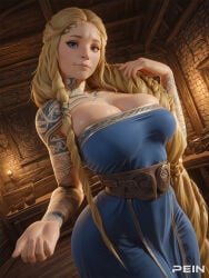 1girls ai_generated arm_tattoo bare_shoulders belt blonde_hair blue_dress blue_eyes braid breasts candle cleavage dress god_of_war indoors large_breasts lips long_hair looking_at_viewer pein sif_(god_of_war) smile solo stable_diffusion strapless tattoo very_long_hair