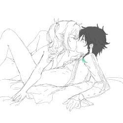 1boy 1girl barbara_(genshin_impact) bottomless breast_press breasts breasts_pressed_against_partner female genshin_impact imminent_sex kissing making_out male male/female nude nude_female on_stomach romantic straight venti_(genshin_impact)
