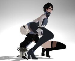 3d ass bayonetta bayonetta_(character) black_hair bodysuit central-tides crossover high_heels leotard naughty_face nier nier:_automata short_hair thigh_boots white_hair xnalara xps yorha_2b yuri