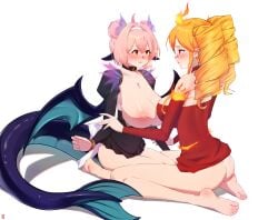 2girls absurd_res ahoge ass back_bow bare_shoulders blonde_hair blue_tail blue_wings blush bottomless breasts breasts_bigger_than_head breasts_out celestial_being choker collar commission detached_sleeves dragon dragon_ears dragon_girl dragon_tail dragon_wings drill_hair embarrassed english_commentary eyelashes female female_only fire flame flames flustered frilled_apron frilled_dress genderswap genderswap_(mtf) gijinka glossy hair_between_eyes hairband highres hips holding_another's_arm holding_arms huge_breasts kneeling large_bow large_breasts looking_at_partner miniskirt multicolored_tail multiple_girls nipples no_background no_panties open_mouth orange_eyes personification pink_hair pointy_ears ragnaros red_dress red_eyes ribbon second-party_source see-through see-through_clothing seiza shadow short_hair shoulderless_dress sidelocks skirt_pull stars thighs translucent translucent_clothing translucent_frill twin_buns wings world_of_warcraft wrist_cuffs yuri