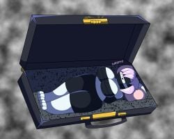5:4 abstract_background absurd_res anthro arms_tied bdsm big_breasts bondage bound breasts covered_eyes dirtymac female fur gag gagged hair hi_res huge_breasts laytex mammal mouse murid murine purple_hair rodent suitcase tape white_body white_fur
