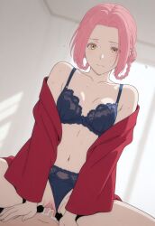 ai_generated cowgirl_position cum golden_eyes medium_breasts mei_(jigokuraku) pink_hair sex skinny vaginal_penetration