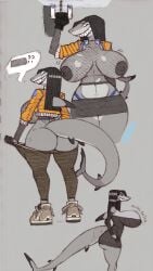 anthro ass black_hair blue_eyes bouncing_breasts breasts female fishnets huge_ass huge_breasts marine motion_lines robotjoe shark sharp_teeth sound_effects thick_thighs wide_hips