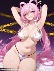 1girl ai_generated alternate_costume arlequin097 armpit_crease armpits arms_behind_head arms_up bare_arms bare_shoulders bed_sheet bikini blue_eyes breasts caution_tape cleavage closed_mouth collarbone curvy earrings elf elysia_(honkai_impact) gradient_background gradient_eyes hair_ornament hair_stick honkai_(series) honkai_impact honkai_impact_3rd hoyoverse jewelry keep_out large_breasts linea_alba lips long_hair looking_at_viewer mihoyo multicolored_eyes navel pink_hair pink_lips pink_pupils pointy_ears presenting_armpit purple_eyes sitting skindentation smile solo stomach string_bikini swimsuit symbol-shaped_pupils thick_thighs thighs twintails two-tone_eyes underboob underwear very_long_hair white_bikini