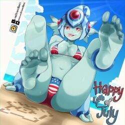 1girls 2026 4th_of_july 5_toes :p american_flag_bikini artist_logo bandai_namco beach bikini breasts dclaret digimon digimon_(species) english_text feet feet_towards_viewer female female_only hi_res looking_at_viewer open_mouth ranamon red_eyes sitting smiling smiling_at_viewer solo text thighs tongue_out