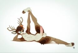 2026 anthro antlers balls biped blue_eyes brown_body brown_fur brown_hair deer digital_media_(artwork) erection femboy flexible foreskin fur genitals glans hair hi_res hooves horn humanoid_genitalia humanoid_penis lying male male_anthro mammal marblesoda multicolored_body multicolored_fur multicolored_hair nude_anthro nude_male on_side one_eye_closed orange_hair penis pink_glans pink_penis raised_leg simple_background solo stretching_leg two_tone_hair white_background white_balls white_body white_fur yoga