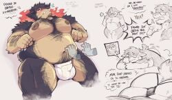 anthro ashur_(booneyard) balls bara barazoku body_hair booneyard bulge disembodied_hands facial_hair flaccid furry male male_only muscles muscular nintendo overweight penis pokemon sirmonsterfucko typhlosion