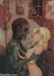 arm_grab blonde_hair faustie female horror horrorhub kissing naked nude pushing_away undead western zombie