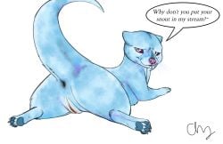 anus blizzard_entertainment blue_body butt diablo_4 english_text female feral genitals hi_res mammal mustelid orcrest otter presenting presenting_anus presenting_hindquarters presenting_vulva purple_sclera raised_tail signature simple_background solo speech_bubble streamsnout tail text vulva white_background white_eyes