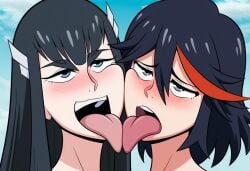 2girls ai_generated blushing french_kiss french_kissing kill_la_kill kiryuuin_satsuki light-skinned light_skin long_hair matoi_ryuuko mouth_open novelai open_mouth outdoors outside pleasure_face short_hair sisters tongue tongue_kiss tongue_kissing tongue_out