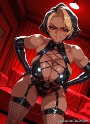 1girl 2026 ai_generated anime bare_shoulders belt black_gloves black_hair black_leotard blizzard_entertainment blonde_hair bondage_outfit boobs breasts brown_eyes cleavage couch crossover dark-skinned_female dark_skin domina domina_(overwatch) dominatrix elbow_gloves eye_contact female female_focus fishnet_thighhighs fishnets garter_straps gloves hands_on_hips handwear highres huge_breasts indoors inside large_breasts latex latex_gloves leaning_forward leather leather_gloves leotard looking_at_viewer multicolored_hair nsfw overwatch patreon rognezart short_hair skindentation smile smiling smug solo thick_thighs thighhighs thighs two-tone_hair