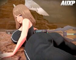 ass ass_focus auxp blue_eyes bodysuit breasts brown_hair eunie_(xenoblade) head_wings large_ass large_breasts sideboob xenoblade_(series) xenoblade_chronicles_3